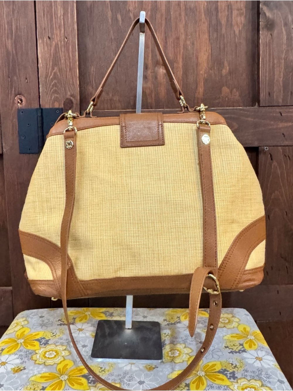 Emma Fox Straw Satchel with Tan Leather Trim and Gold Hardware - Picture 2 of 5